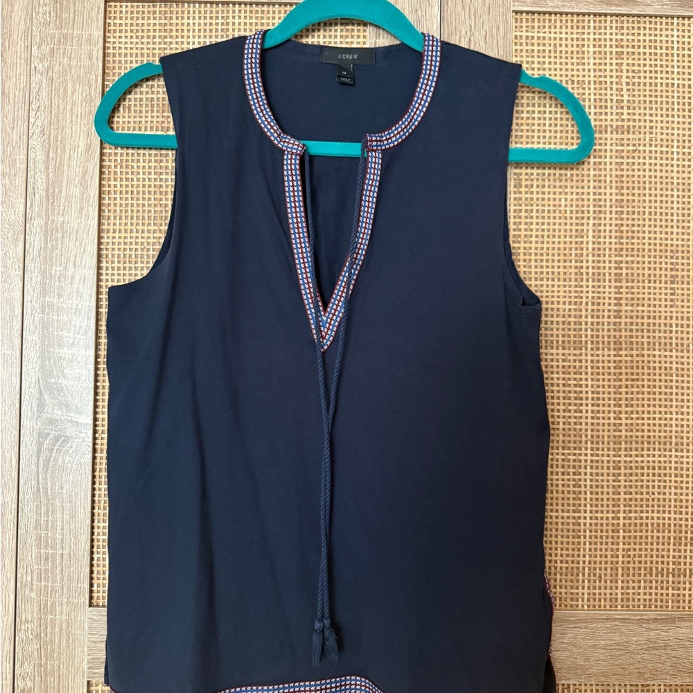 Navy Sleeveless Top with Embroidered Trim